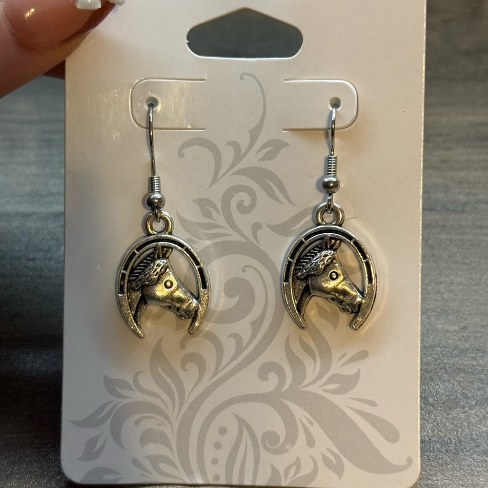 Silver Horse Head & Horseshoe Dangle Earrings - Women Jewelry